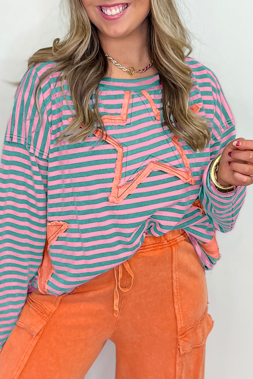 Green Stripe Starry Patch Drop Shoulder Raw Edge Casual Knit Top