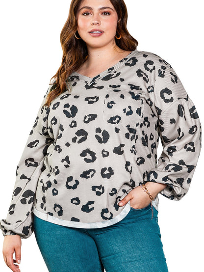 Gray Printed Leopard Balloon Sleeve Thermal Knit Plus Size Top