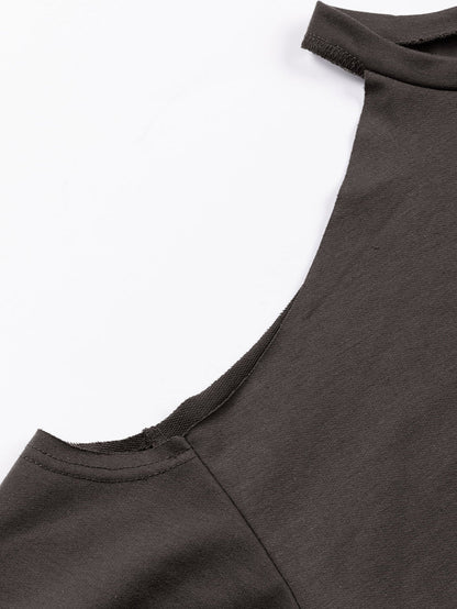 Grey Asymmetric Distressed Cold Shoulder Sweater