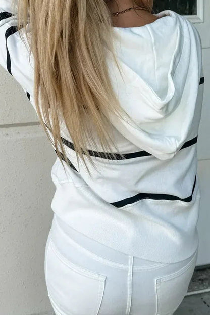 White Stripe Quarter Zip Kangaroo Pocket Plus Size Hoodie