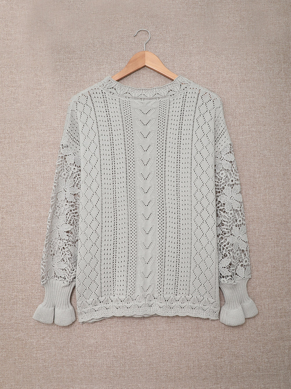 Gray Scallop Neck Crochet Lace Knit Sweater