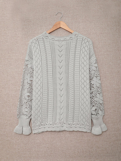 Gray Scallop Neck Crochet Lace Knit Sweater