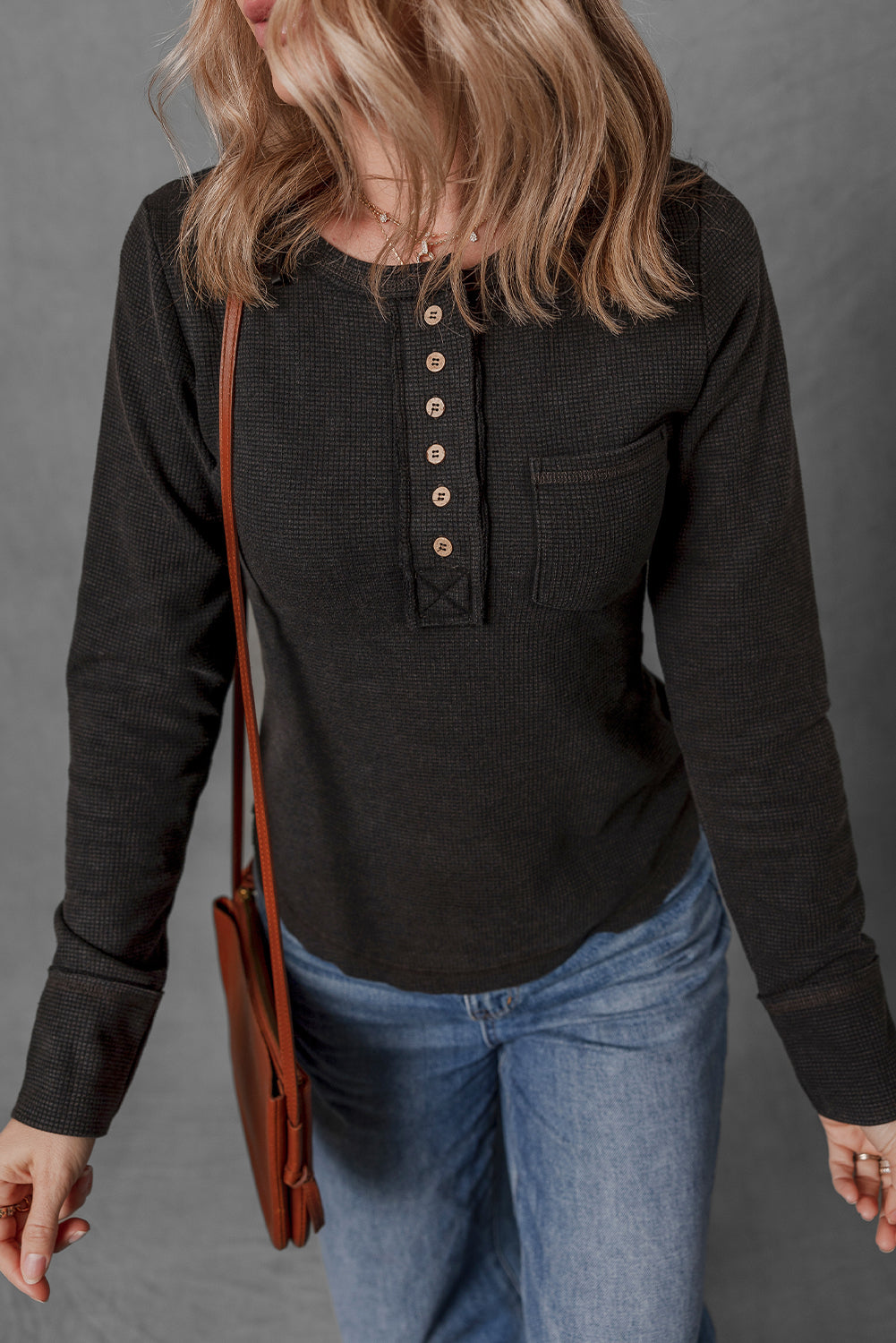 Black Mineral Wash Waffle Knit Single Chest Pocket Long Sleeve Henley Top