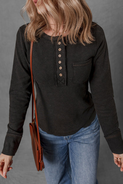 Black Mineral Wash Waffle Knit Single Chest Pocket Long Sleeve Henley Top