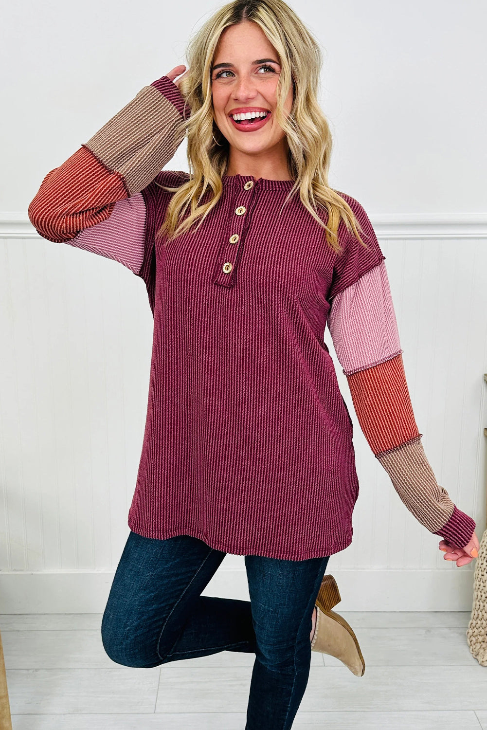 Red Dahlia Twisted Ribbed Exposed Seam Color Block Patchwork Long Sleeve Henley Top