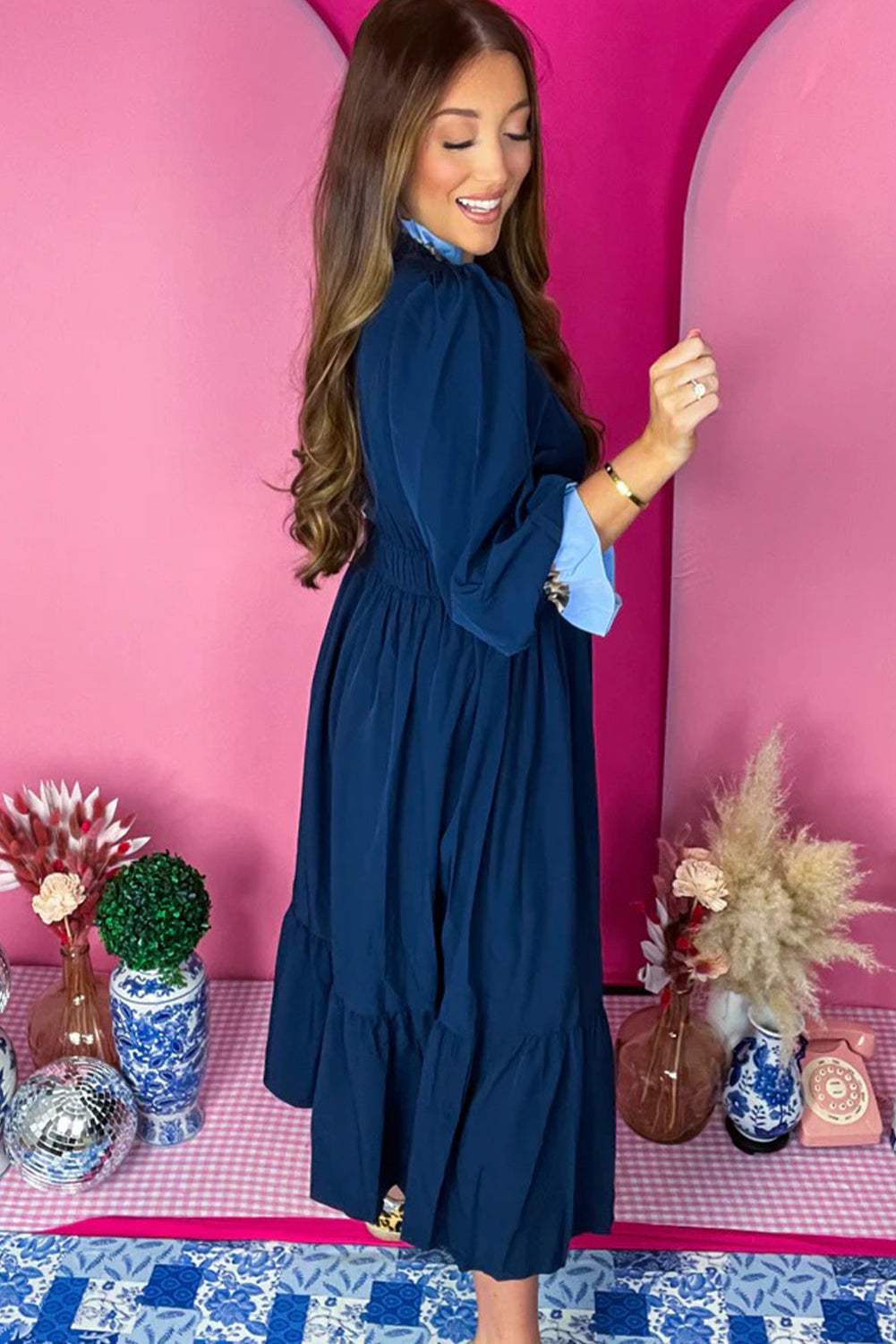 Navy Blue Contrast Frilled Trim V Neck 3/4 Ruffled Sleeve Flowy Midi Dress