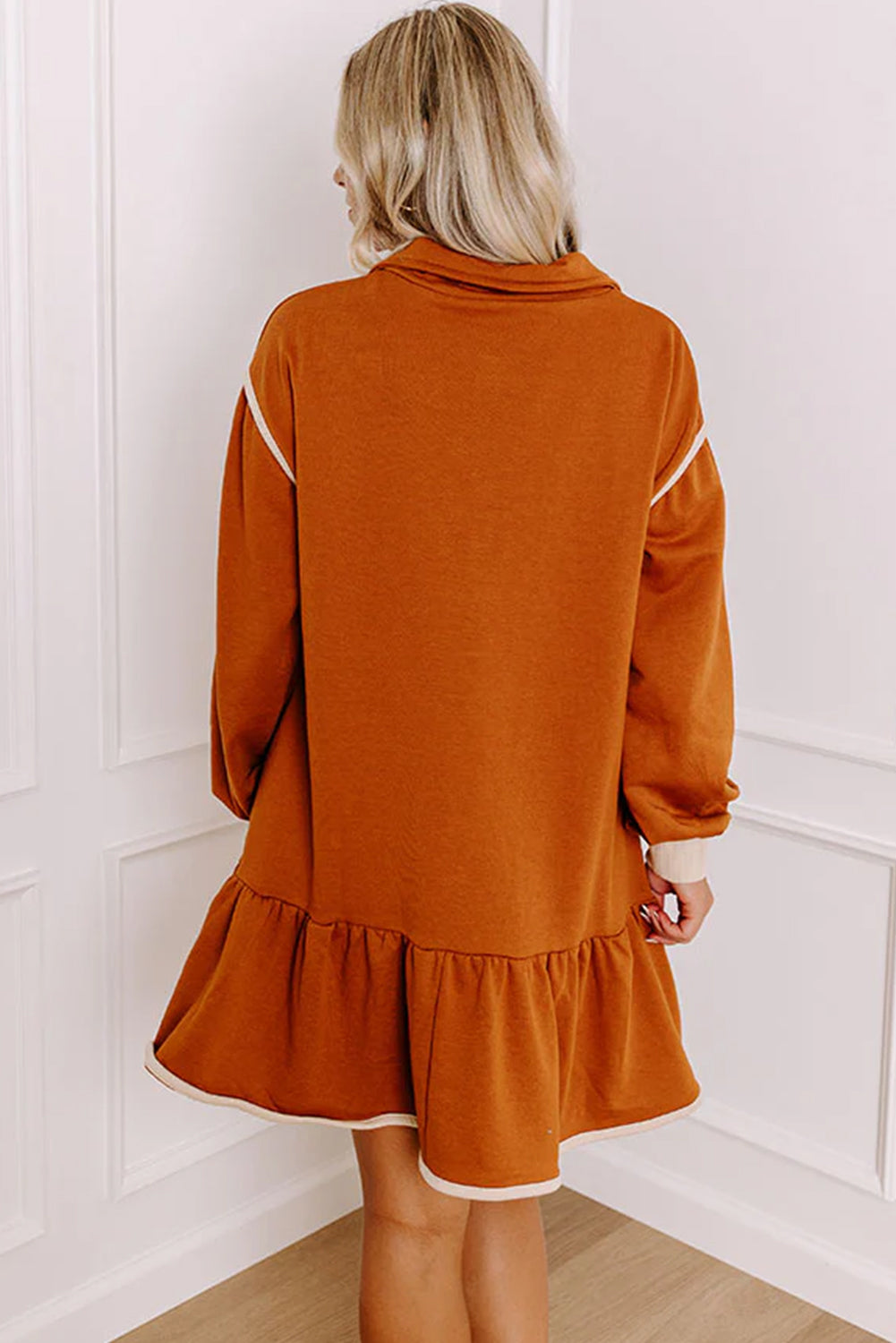 Gold Flame Contrast Trim Zipped Collared Drop Shoulder Terry Dress