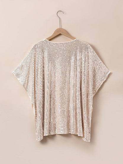 Apricot Plus Size Sequined V Neck Boxy Top