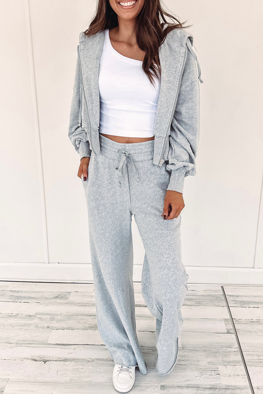Light Grey Zip Up Hoodie and Drawstring Pants 2 Piece Set
