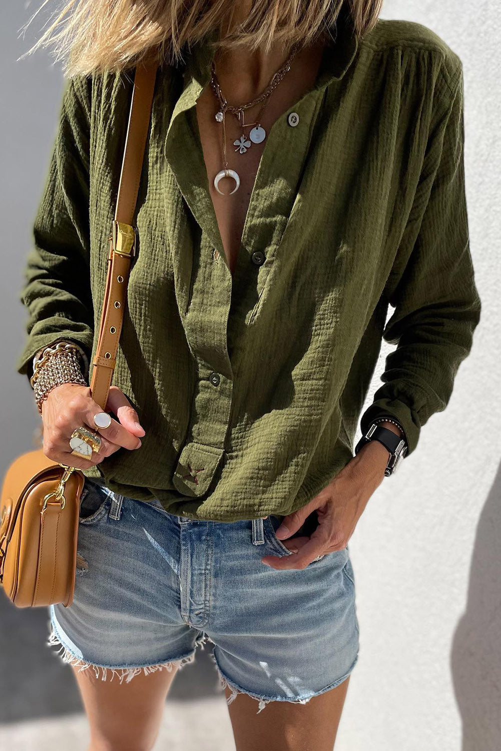 Green Crinkle Textured Button Front Jungle Shirt