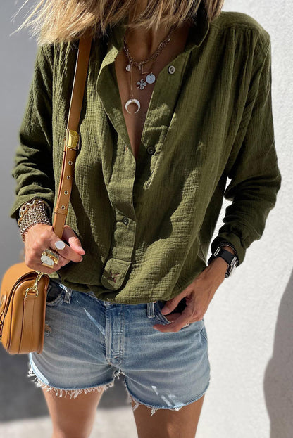 Green Crinkle Textured Button Front Jungle Shirt