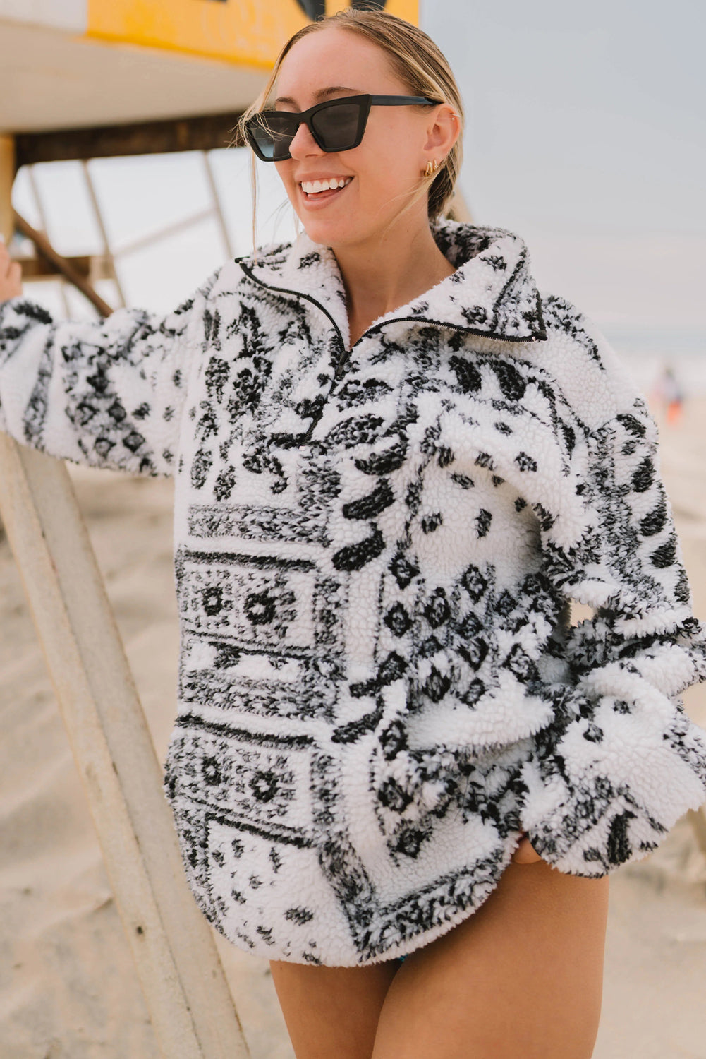 Black Sherpa Quarter Zip Western Print Oversize Sweatshirt