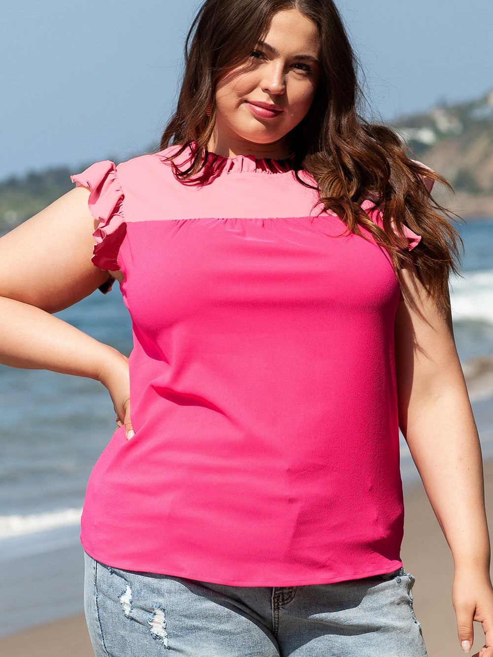 Strawberry Pink Textured 2-Tone Patchwork Frill Neck Ruffled Trim Plus Blouse