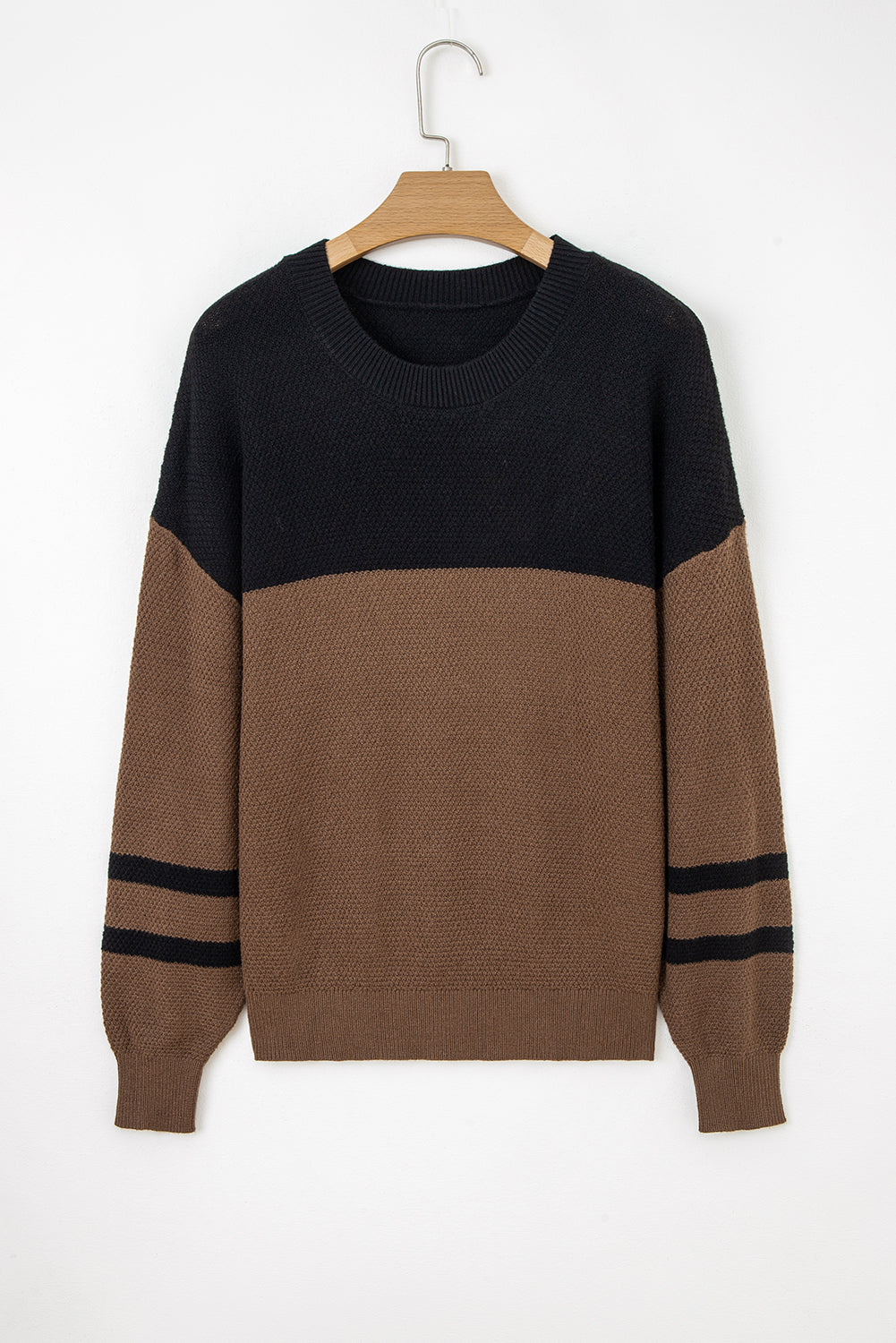 Dark Brown Color Block Knit Striped Sleeve Detail Casual Sweater