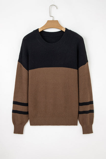 Dark Brown Color Block Knit Striped Sleeve Detail Casual Sweater