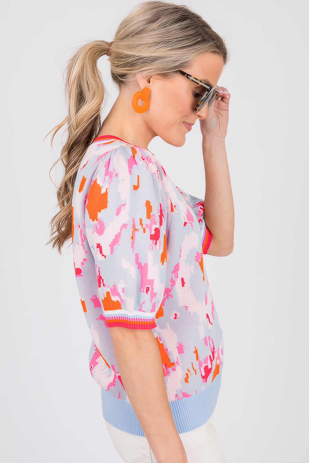 Light Blue Abstract Pattern Knit Contrast Striped Trim Short Sleeve Sweater