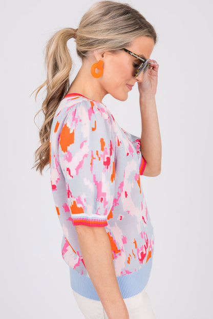 Light Blue Abstract Pattern Knit Contrast Striped Trim Short Sleeve Sweater