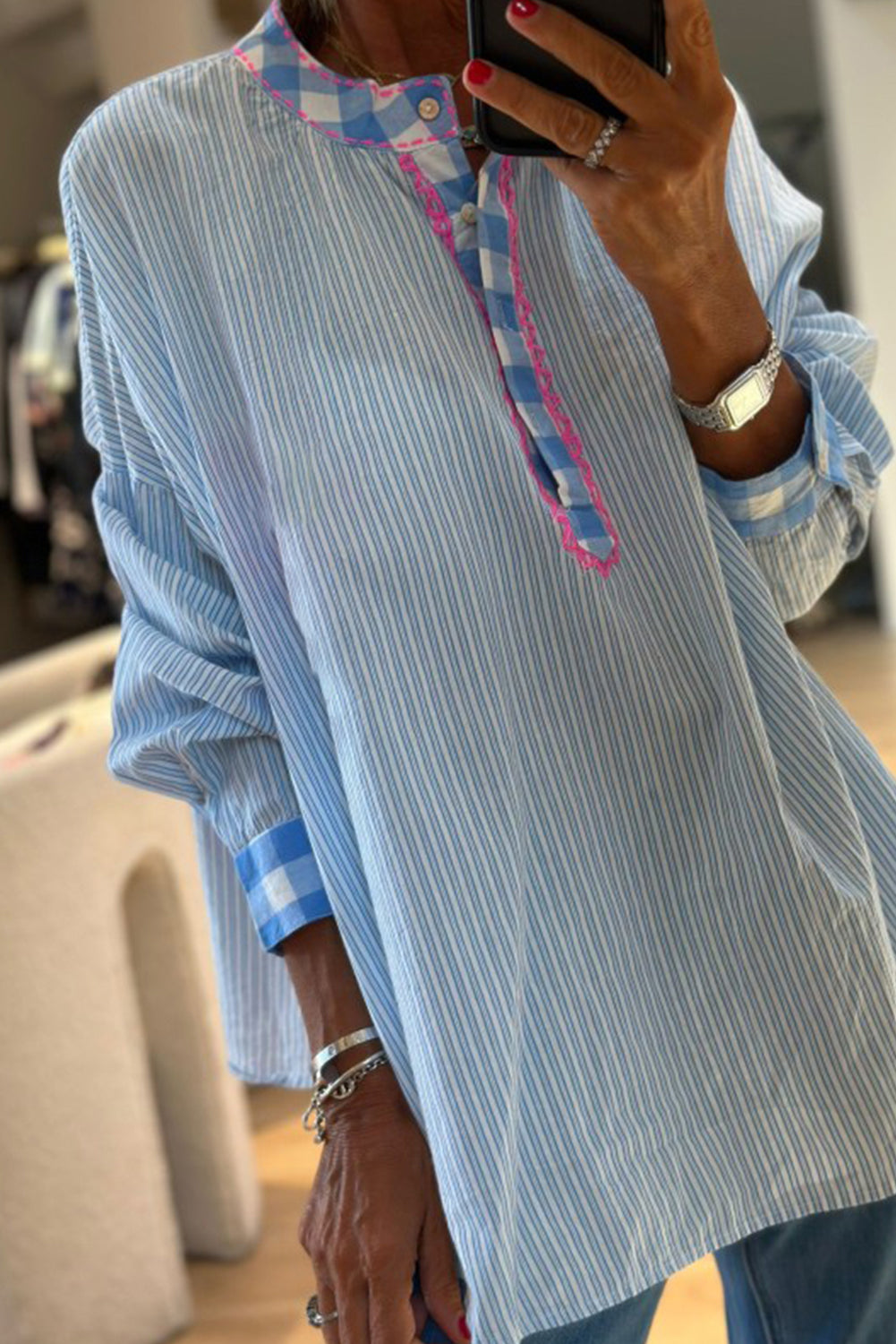 Sky Blue Stripe Plaid Patchwork Half Button Embroidered Trim Long Sleeve Blouse