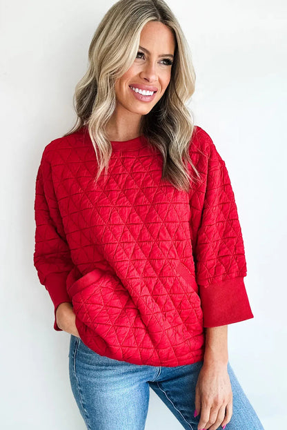 Fiery Red Quilted Texture Loose 3/4 Sleeve Top
