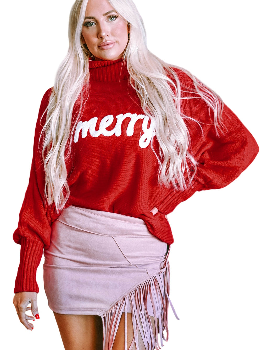 Festive Crimson Turtleneck Embroidered Letter Sweater