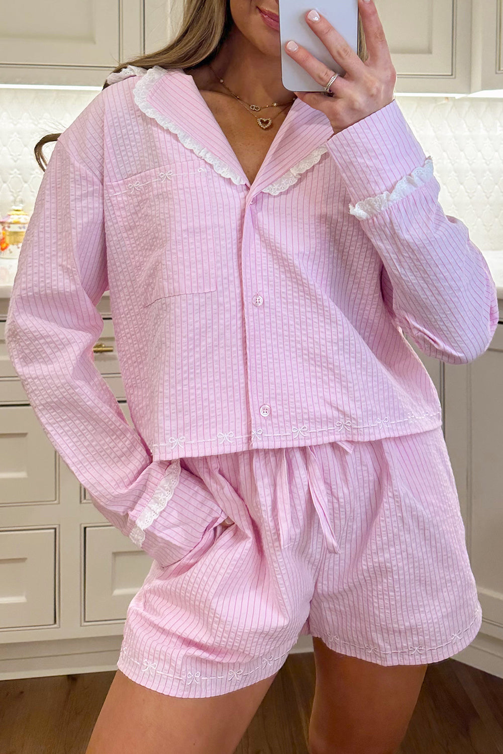 Pink Stripe Lace Trim Bow Detail Seersucker 2pcs Pajama Set