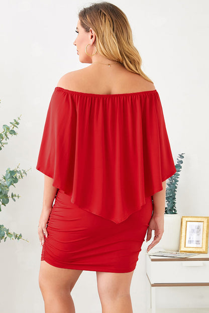 Fiery Red Plus Size Layered Mini Poncho Dress with Versatile Neckline