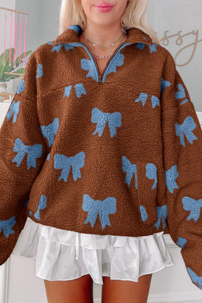 Brown Bow Sherpa Quarter Zip Drop Shoulder Baggy Sweatshirt