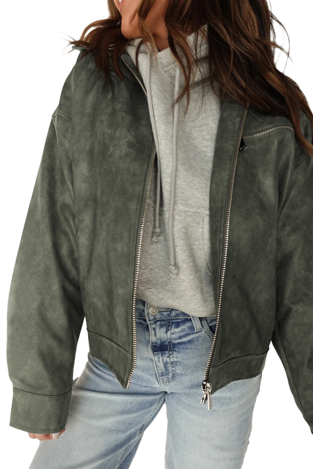 Four Leaf Clover Vintage Faux Leather Button Pleated Cuffs Zip Up Jacket