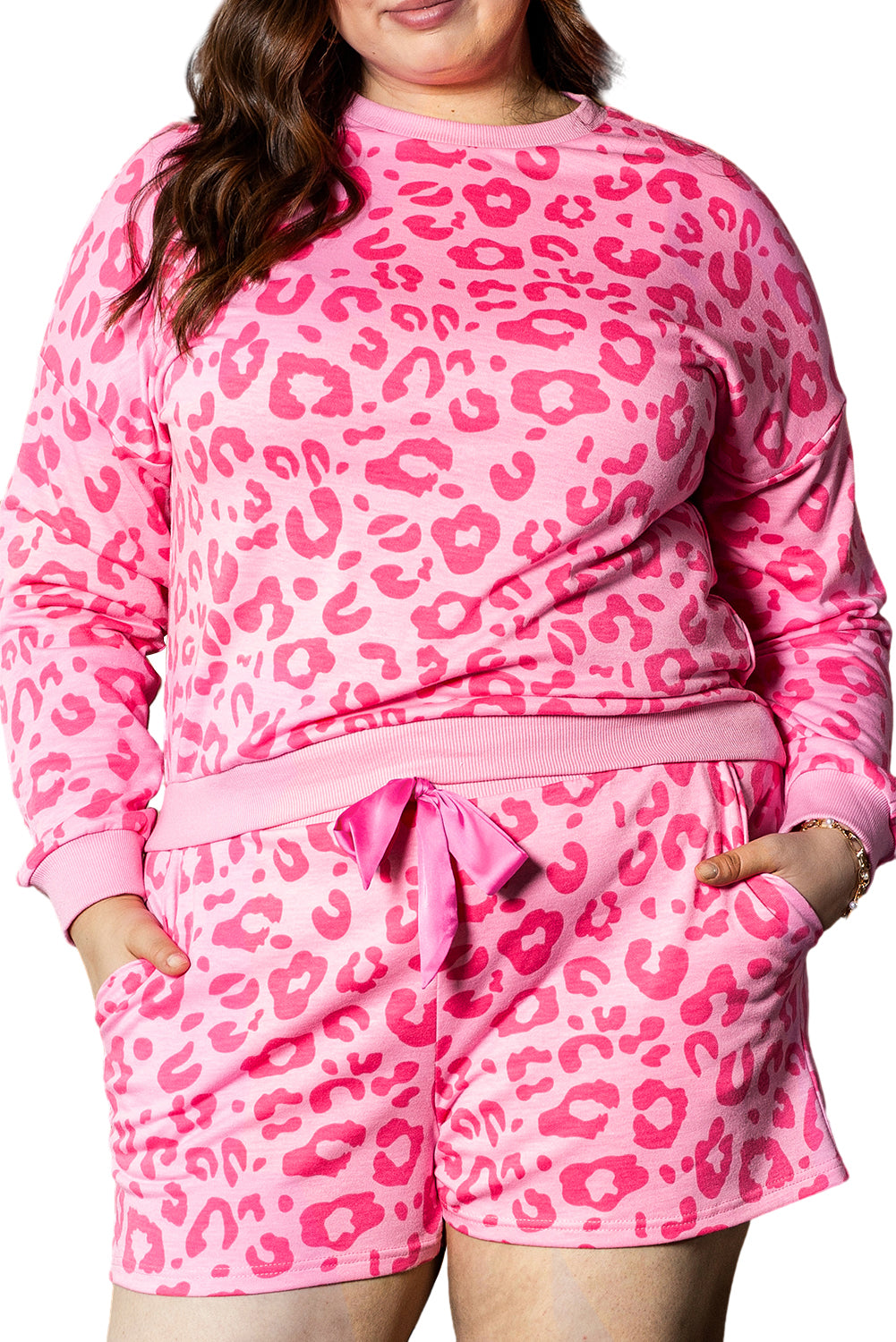 Bonbon Leopard Long Sleeve Satin Tie Shorts Plus Size Outfit
