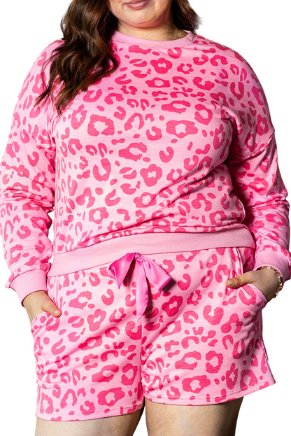 Bonbon Leopard Long Sleeve Satin Tie Shorts Plus Size Outfit