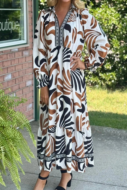 Brown Tropical Printed Contrast Trim Neck Long Sleeve Ruffle Hem Dress