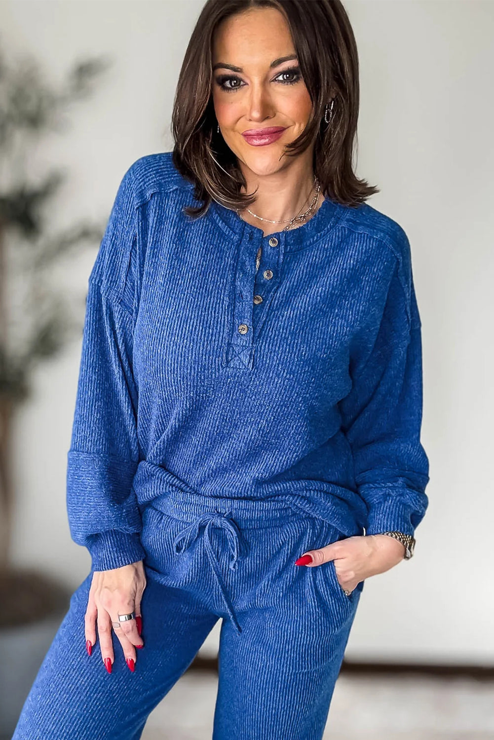 Sky Blue Brushed Ribbed Knit Exposed Seam Drop Shoulder Henley Top