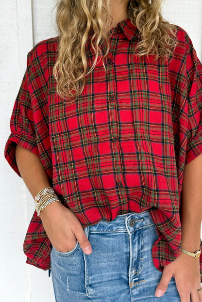 Fiery Red Retro Plaid Half Sleeve Loose Shirt