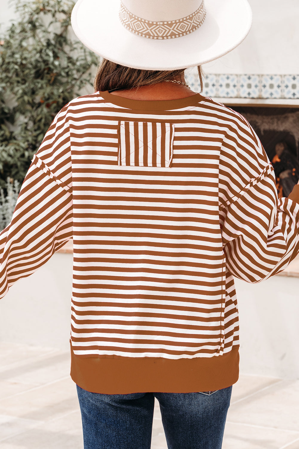 Brown Stripe Exposed Seam Drop Shoulder Casual Pullover Top