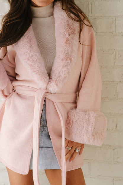 Delicacy Plus Collar Cuff Patchwork Open Front Belted Overcoat