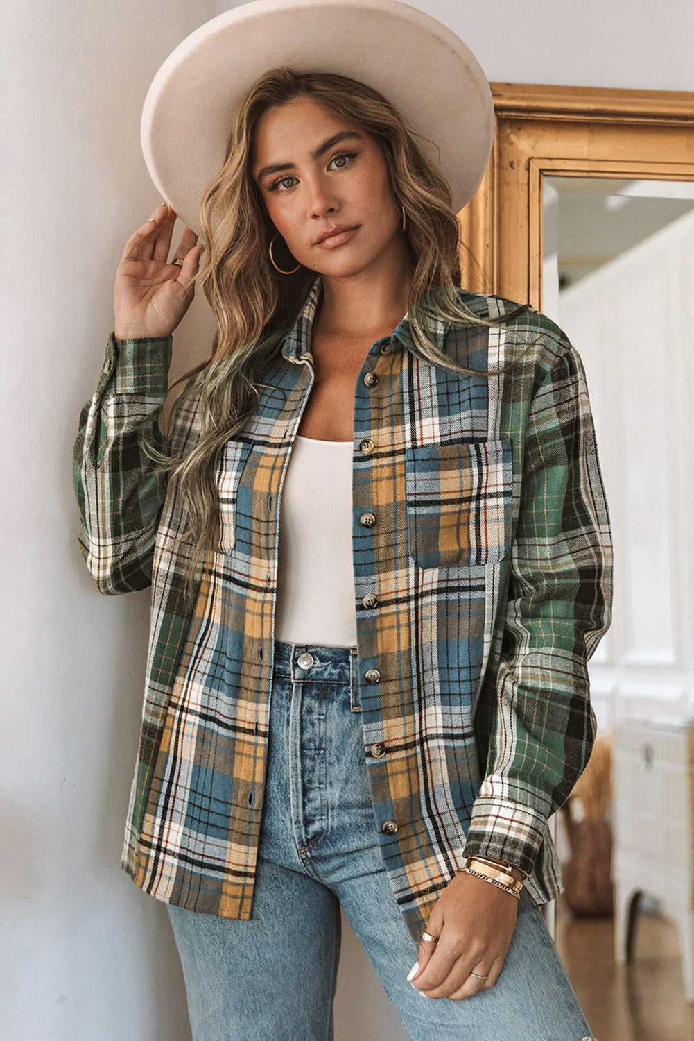 Green Plaid Shacket with Button Up Chest Pockets