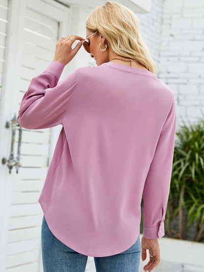 T-Shirts - Solid Color Chiffon Loose V-Neck Long Sleeve T-Shirt - MsDressly