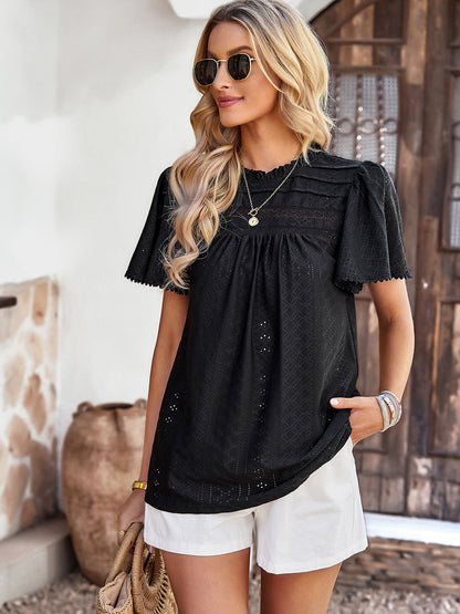 T-Shirts - Casual Solid Color Hollow Round Neck T-Shirt - MsDressly