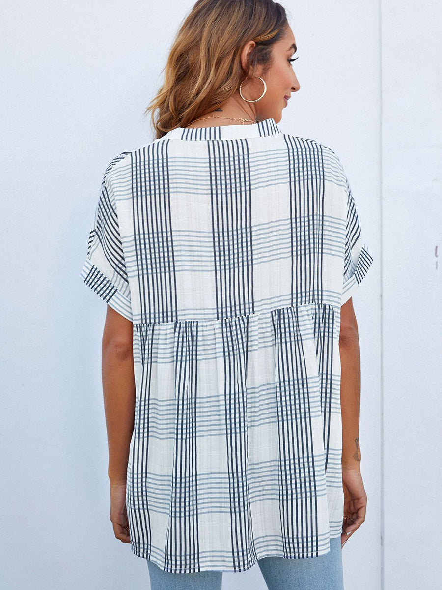 Blouses - V-Neck Thin Loose Plaid Short-Sleeved Blouse - MsDressly