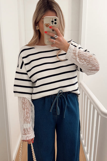 White Stripe Drop Shoulder Knit Lace Patchwork Long Sleeve Sweater