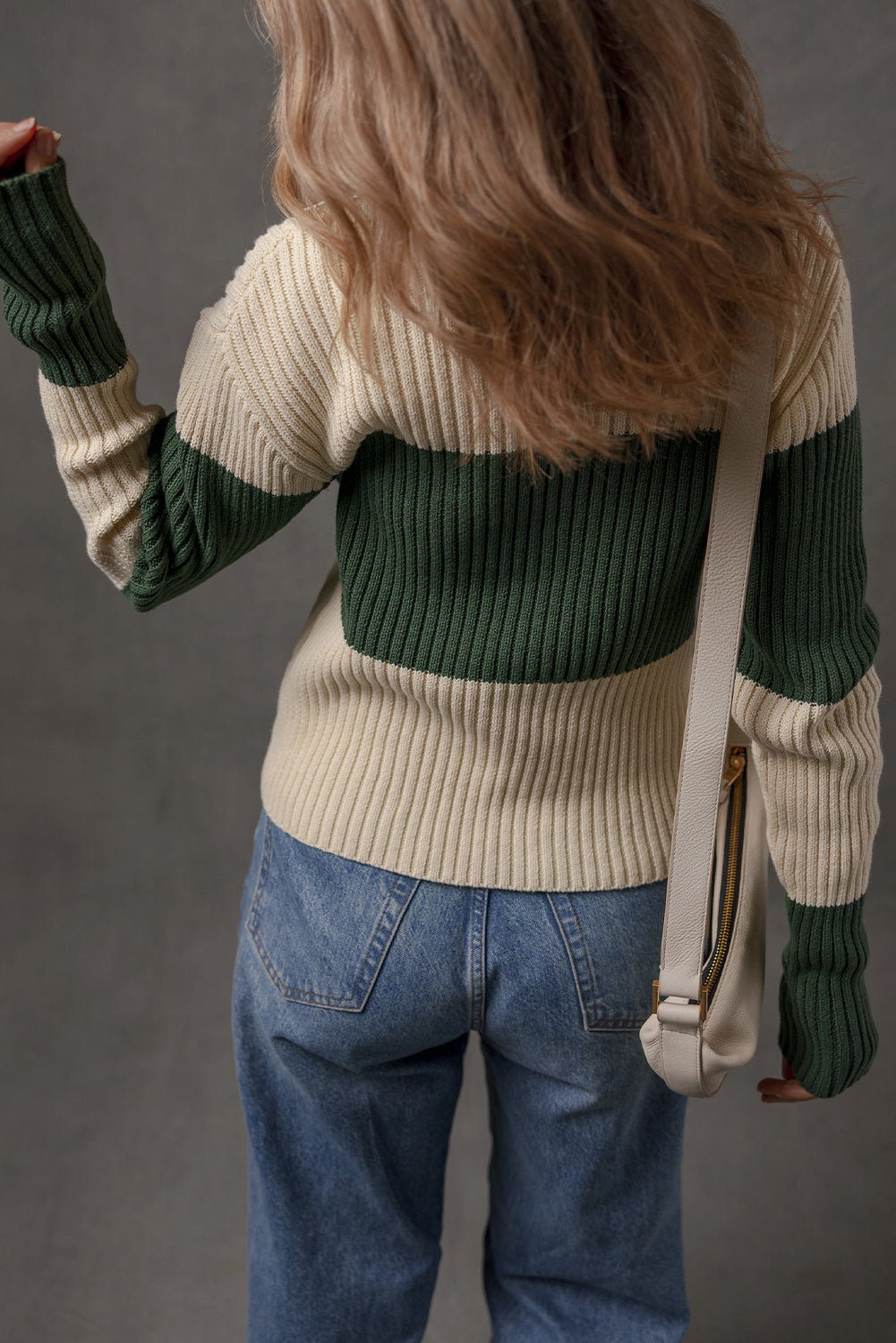 Blackish Green Ribbed Color Block Knit Shirt Collar Patchwork Slim Sweater
