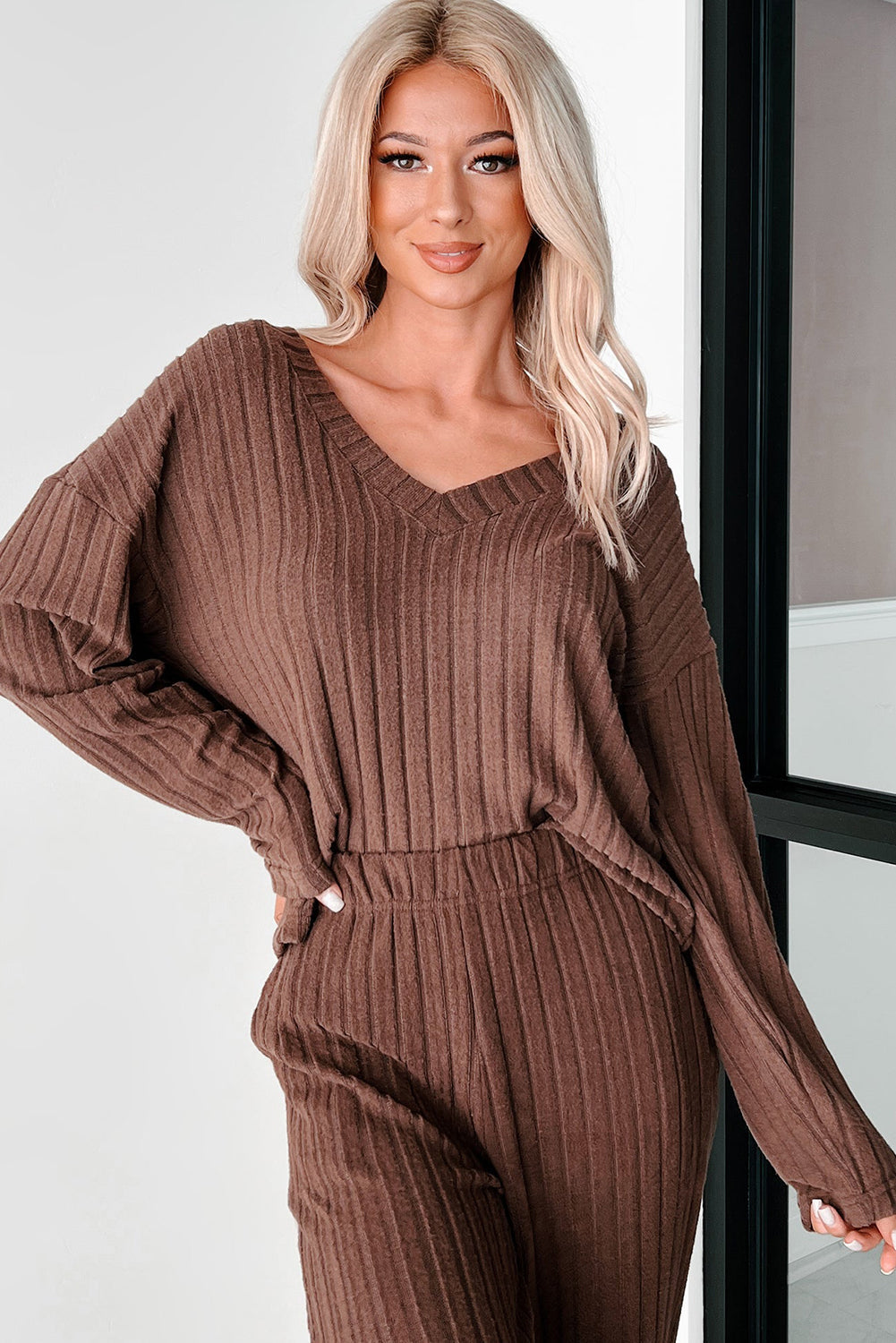 Coffee Wide Rib Knit Drop Shoulder V Neck Pullover Loose Pants Set