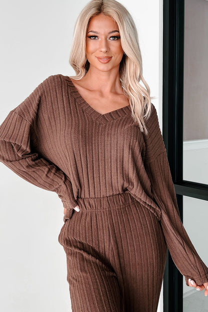 Coffee Wide Rib Knit Drop Shoulder V Neck Pullover Loose Pants Set