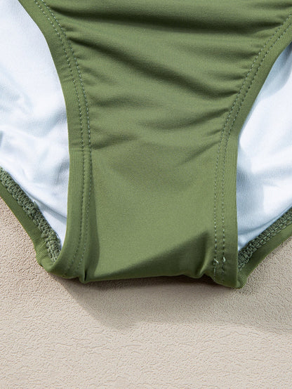 Green Mesh Ruched Tankini with High Neck Plunge