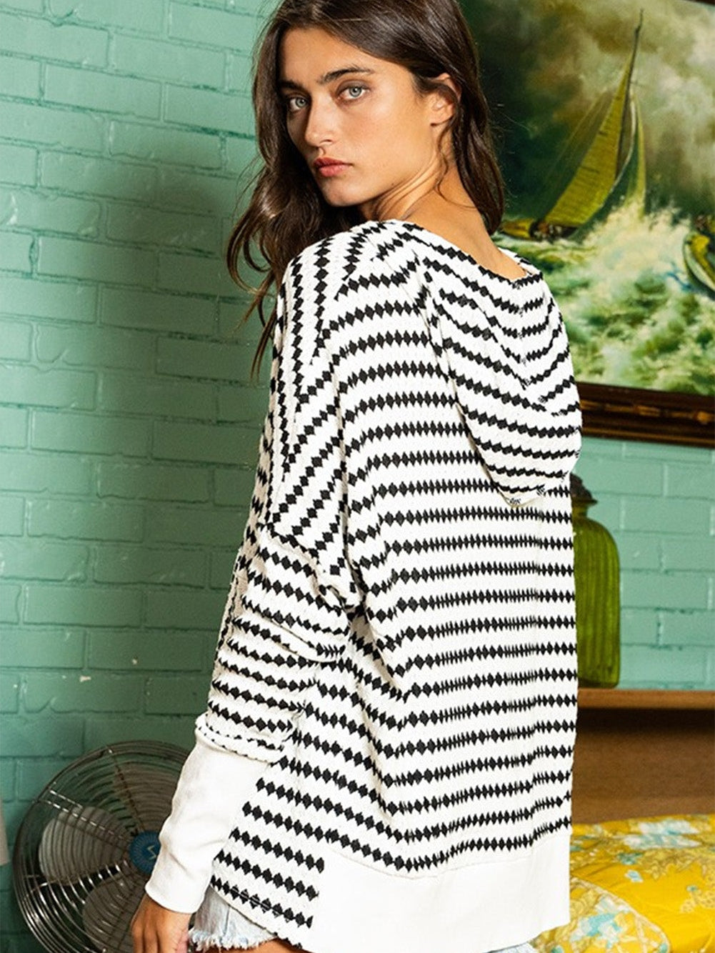 Knitted Striped Henley Oversized Hooded Hoodie