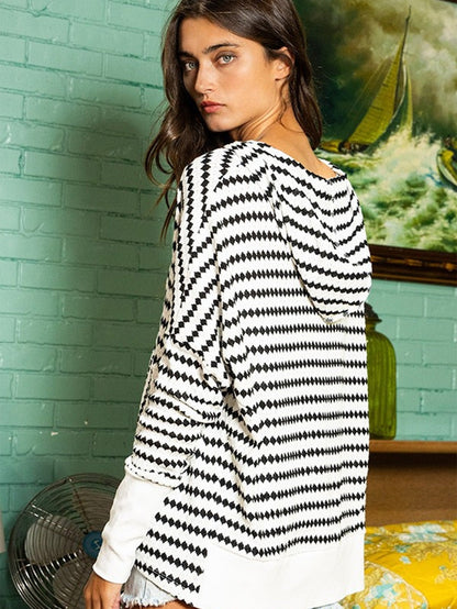 Knitted Striped Henley Oversized Hooded Hoodie