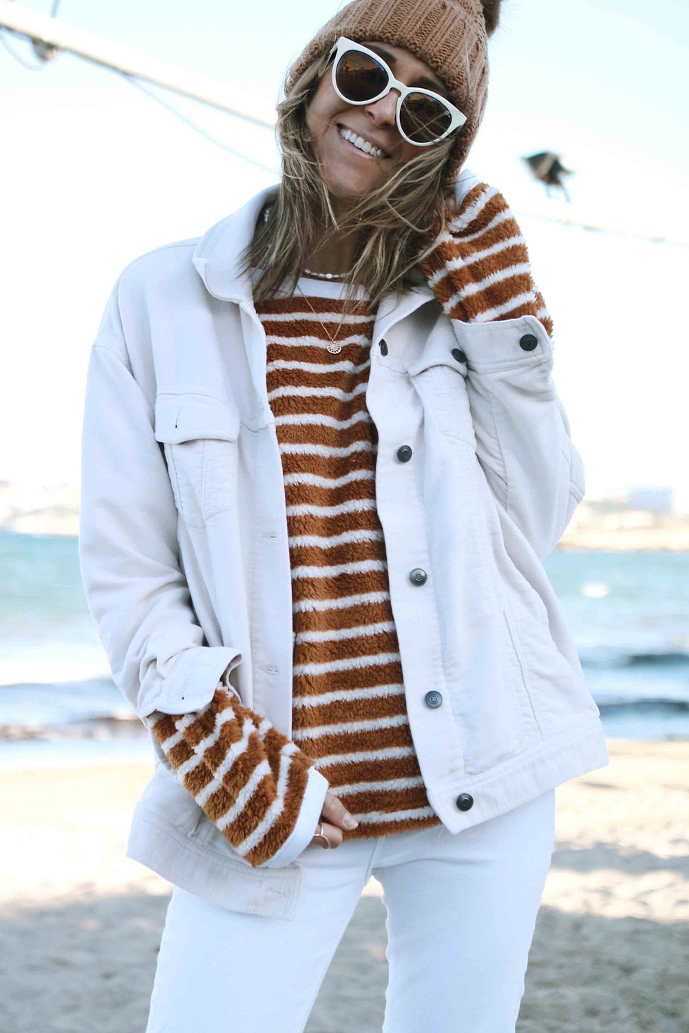 Brown Stripe Plush Drop Shoulder Round Neck Baggy Sweatshirt
