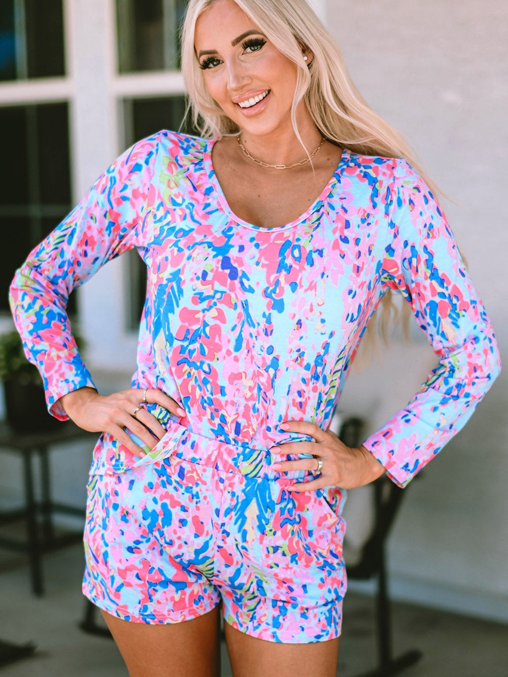 Floral Sky Blue Lounge Set with Coordinating Drawstring Shorts