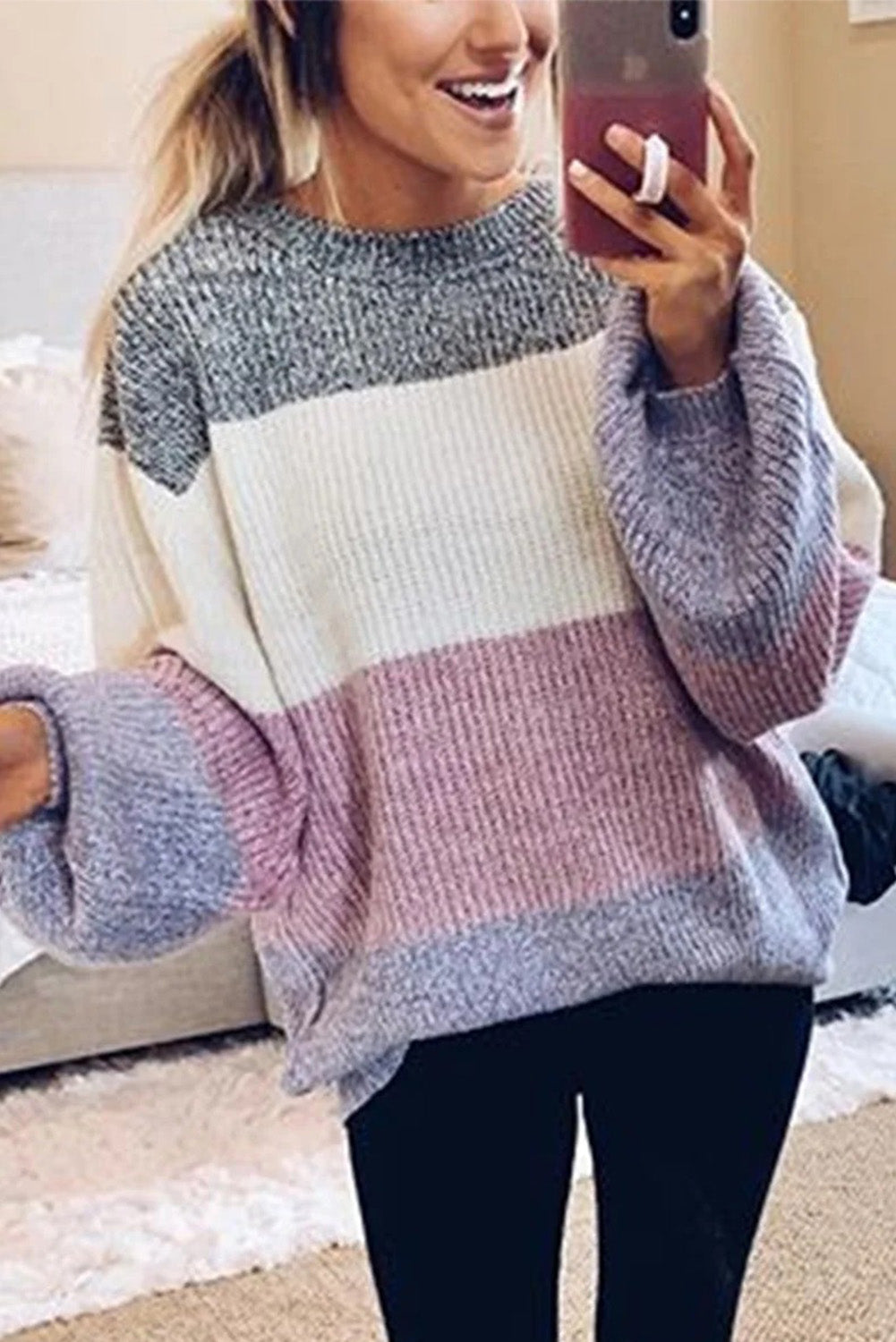 Purple Long Sleeve Knitted Round Neck Casual Sweater