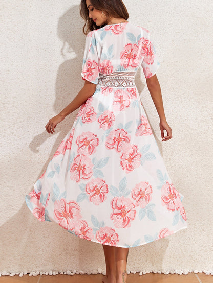 Floral Lace Patchwork White Beach Cover Up with Front Knot